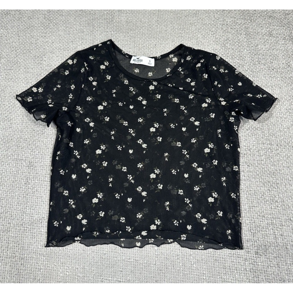 Hollister Top‎ Womens S Black Baby Tee Dark Floral Mesh Fairy Grunge Whimsigoth